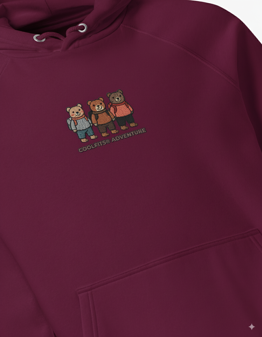 THREE ADVENTURE BEARS - Unisex eco embroidered raglan hoodie - burgundy