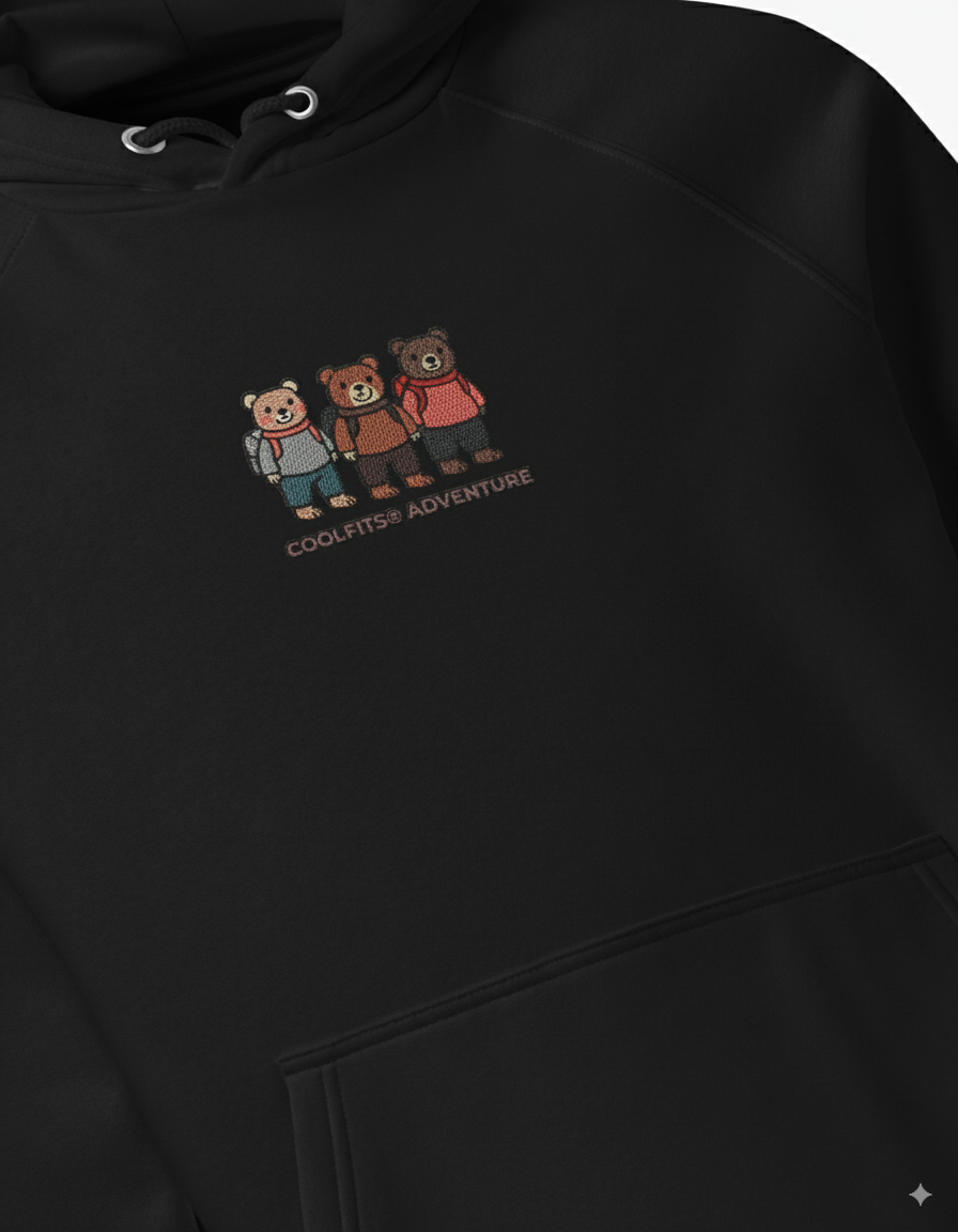THREE ADVENTURE BEARS - Unisex embroidered eco raglan hoodie - black