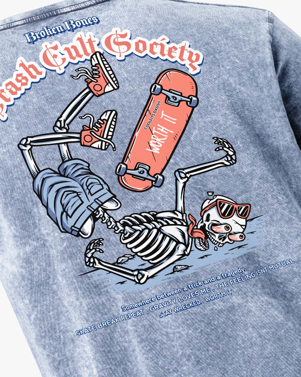 CRASH CULT SOCIETY skate tee - Vintage Streetwear for Skaters & Surfers- Denim T-Shirt - Denim blue