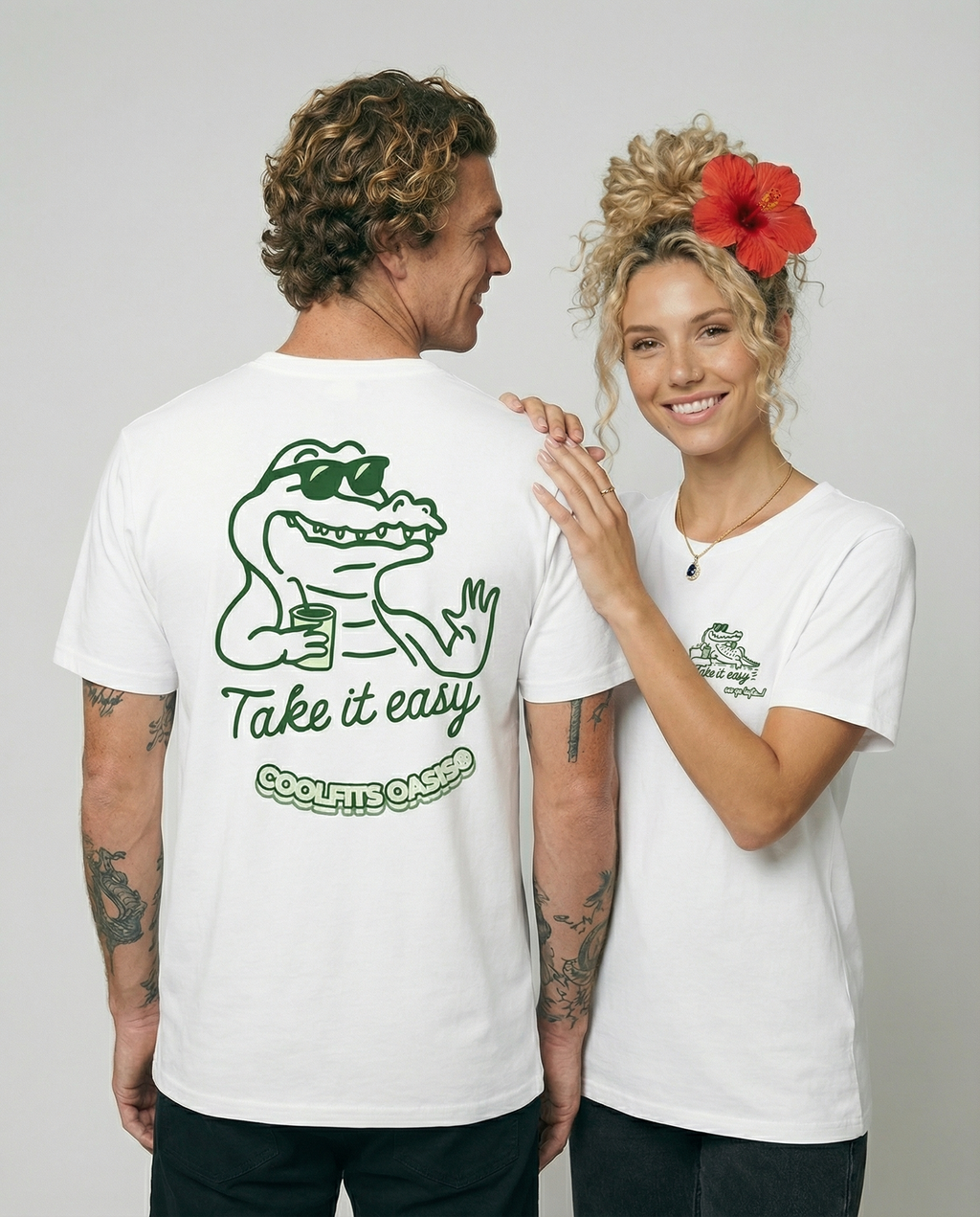 Model photo, unisex for him and for her See You Later Alligator t-shirt design detail - playful alligator illustration with Take It Easy text