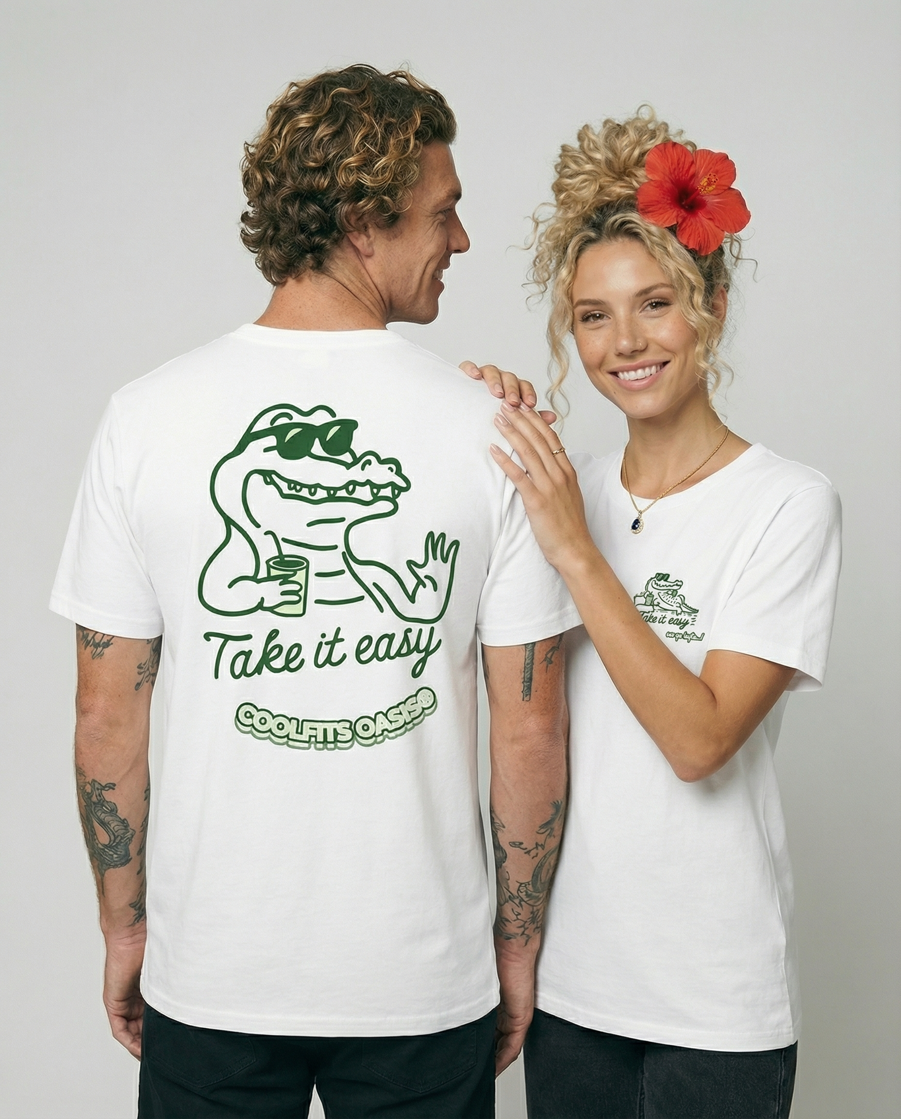 Model photo, unisex for him and for her See You Later Alligator t-shirt design detail - playful alligator illustration with Take It Easy text