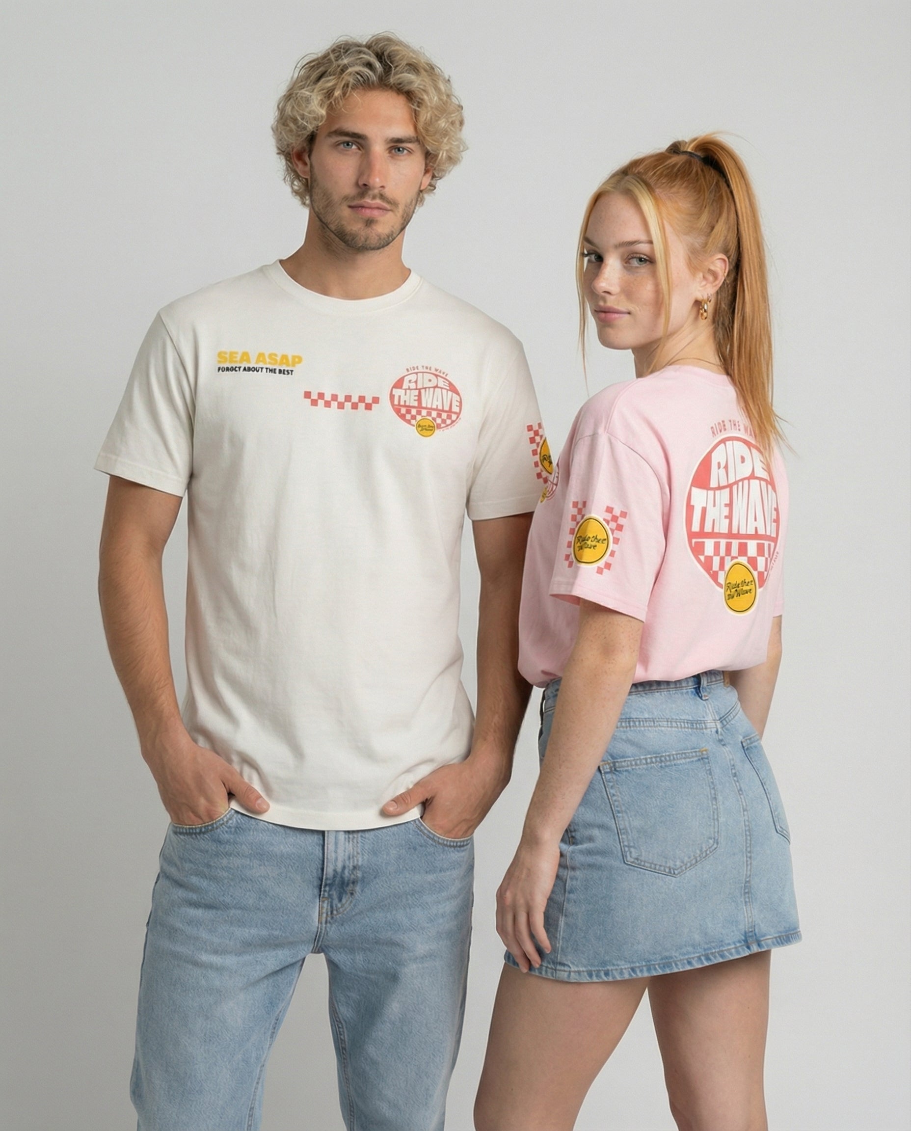 RIDE THE WAVE - Camiseta unisex de algodón orgánico - blanco, rosa algodón