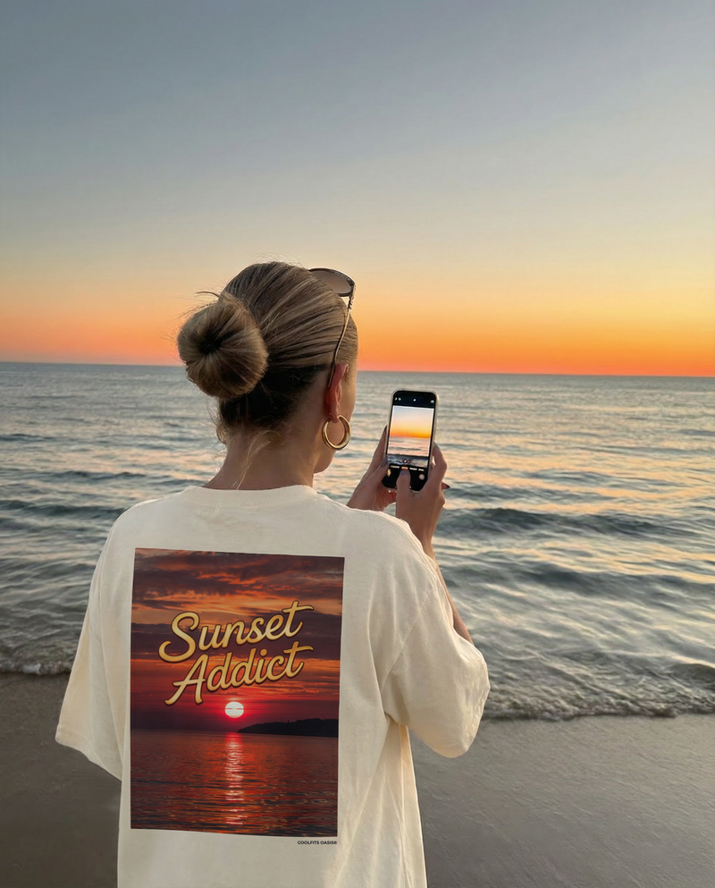 SUNSET ADDICT - Embroidered Unisex Heavyweight T-shirt For Summer Sunset Lovers- Butter Yellow