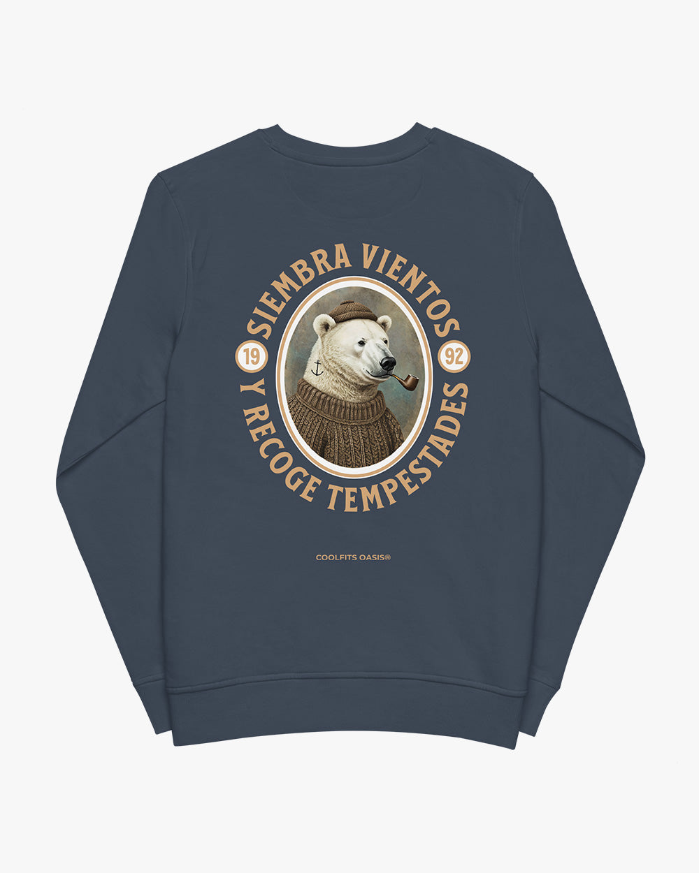 SIEMBRA VIENTOS Y RECOGE TEMPESTADES - Sudadera unisex con bordado orgánico, azul marino lavado