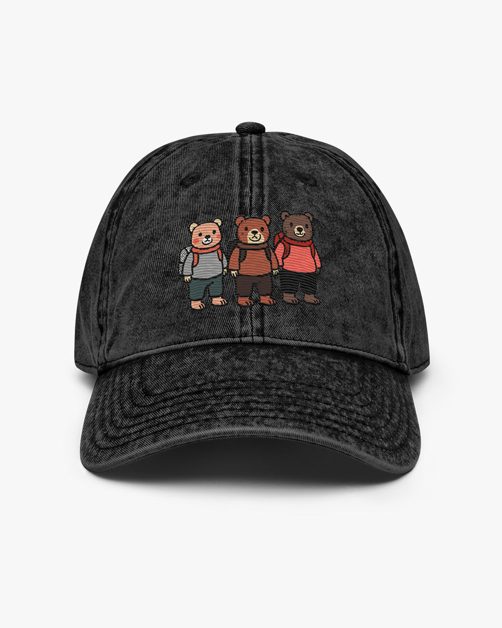 THREE ADVENTURE BEARS -Embroidered  Vintage Cotton Twill Cap , Black