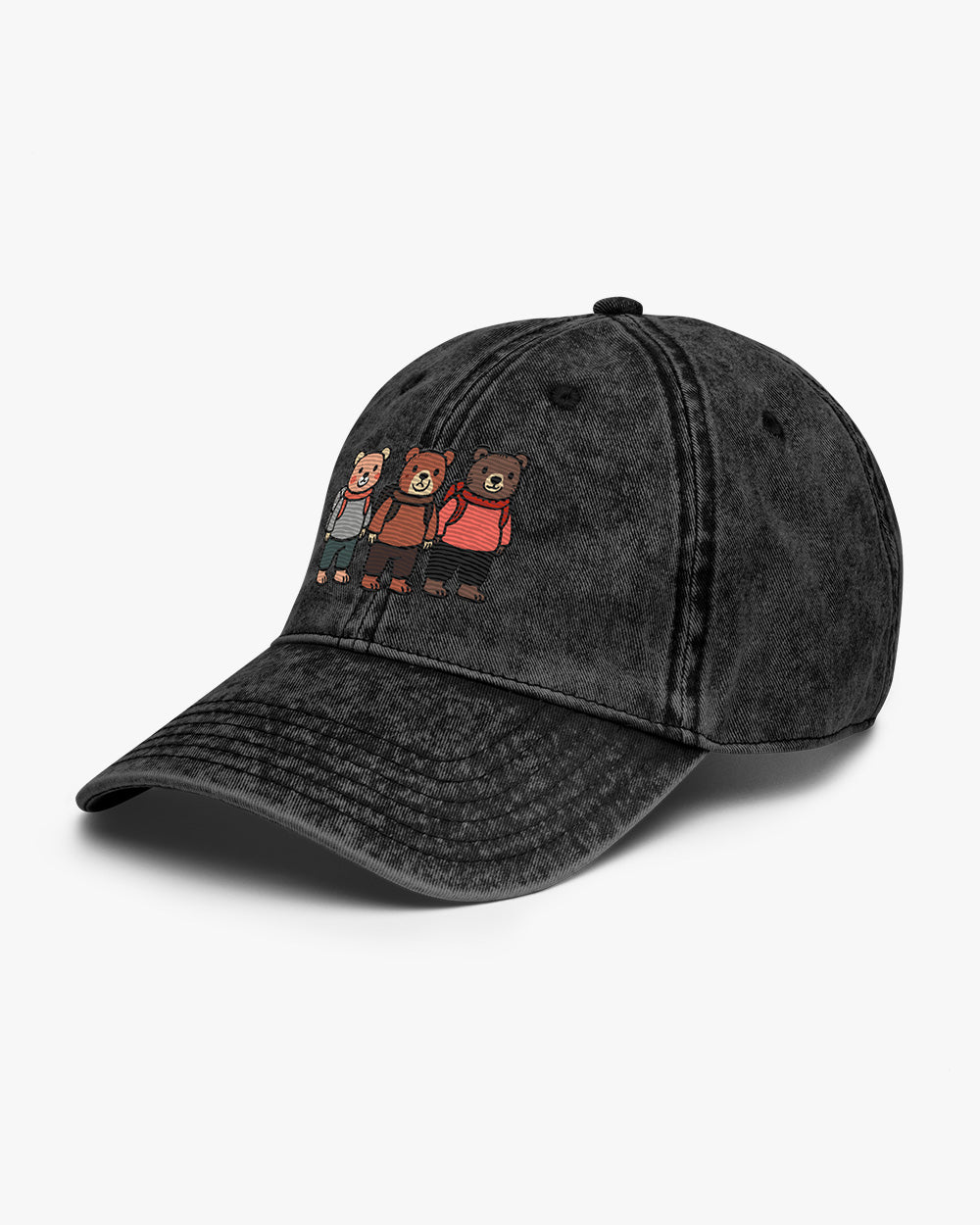 THREE ADVENTURE BEARS -Embroidered  Vintage Cotton Twill Cap , Black