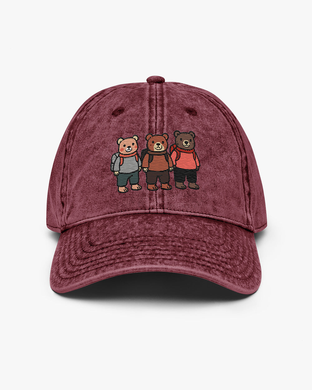 THREE ADVENTURE BEARS -Embroidered  Vintage Cotton Twill Cap Burgundy