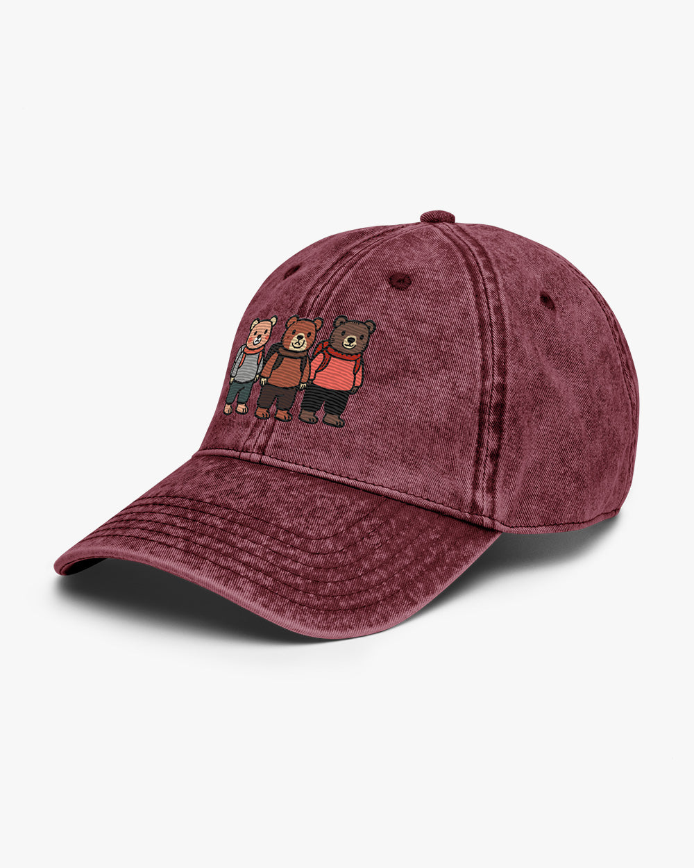 THREE ADVENTURE BEARS -Embroidered  Vintage Cotton Twill Cap Burgundy